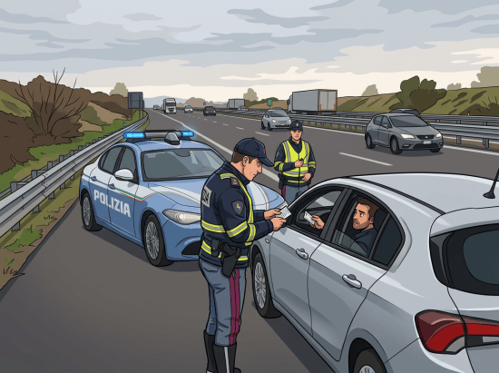 Italian police officers checking driver's documents at a highway traffic stop