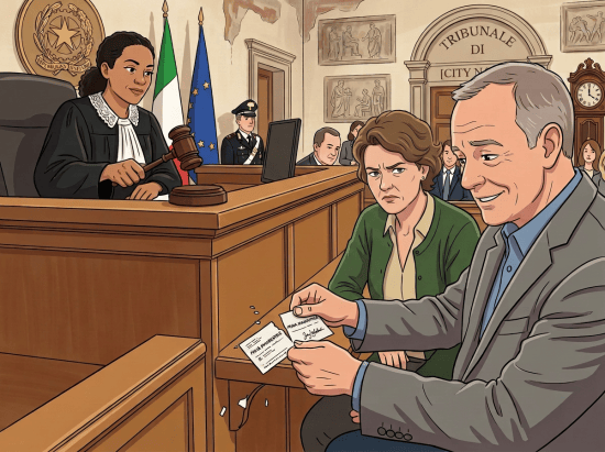 Judge hitting gavel while distressed couple holds torn paper in courtroom