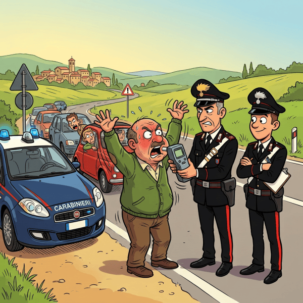 Italian police officer administering a breathalyzer test to a red-faced driver beside a police car on a rural road