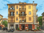 Ristorante La Piazzetta restaurant beneath residential apartments in an Italian town